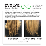 Before and after images of increased hair shine and length after three months of Evolve nourishing repair conditioner