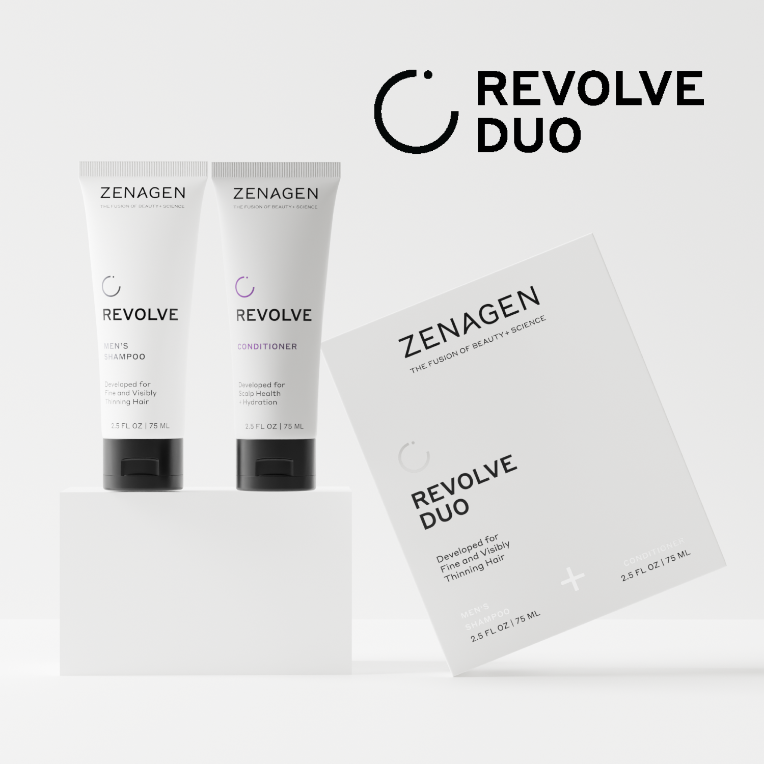Zenagen Revolve Duo hair care set with shampoo, conditioner, and packaging on a white background.