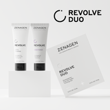 Zenagen Revolve Duo hair care set with shampoo, conditioner, and packaging on a white background.