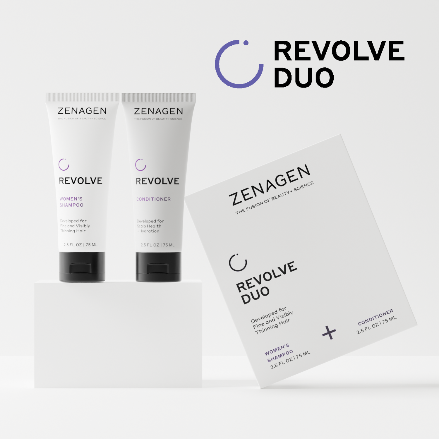 Zenagen Revolve Duo hair care products on a white background