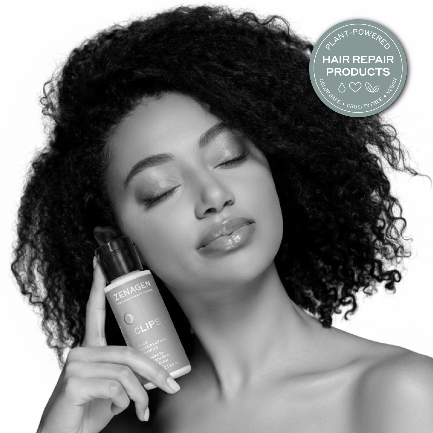 Eclipse color preservation gray support shampoo held by woman on white background