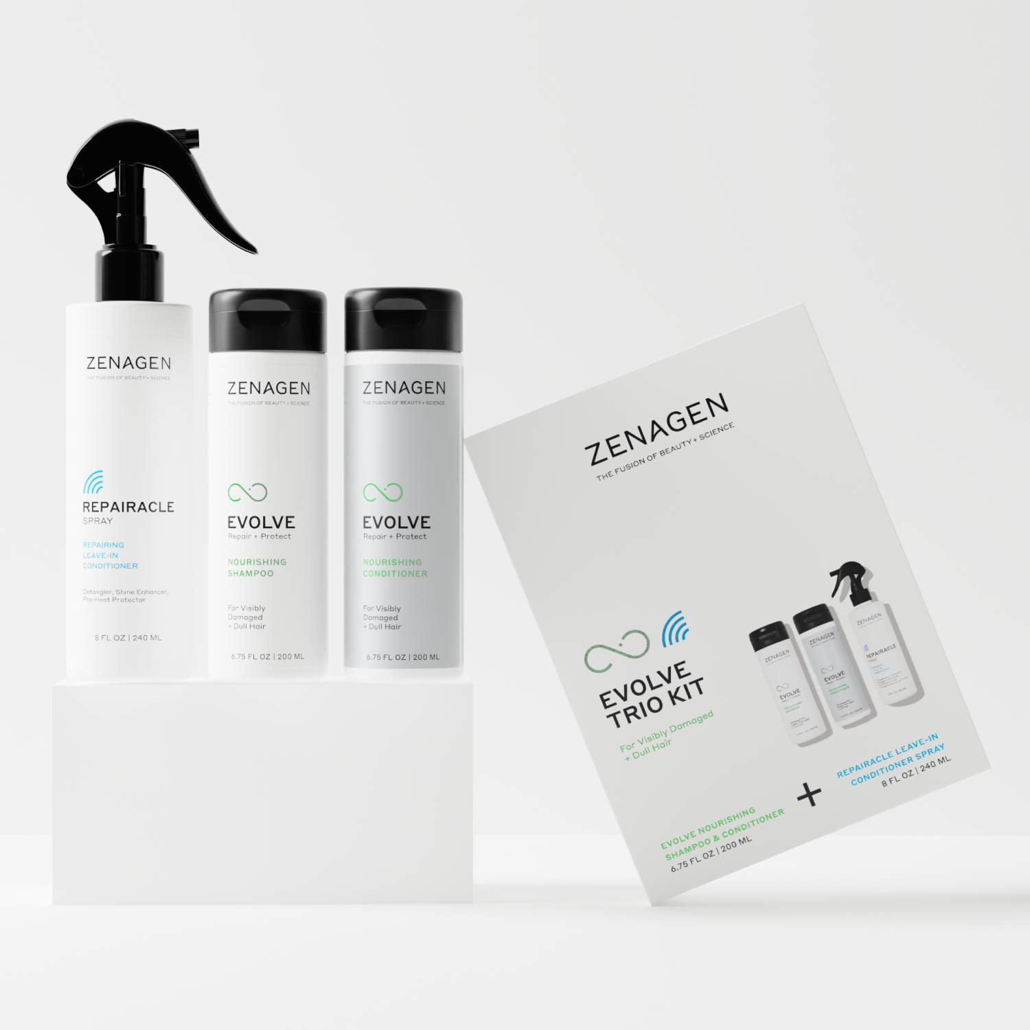 Zenagen Evolve Trio Kit with bottles and packaging on a white background