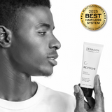 Man holding a bottle of Zenagen Revolve Men's Shampoo with an award badge on a white background