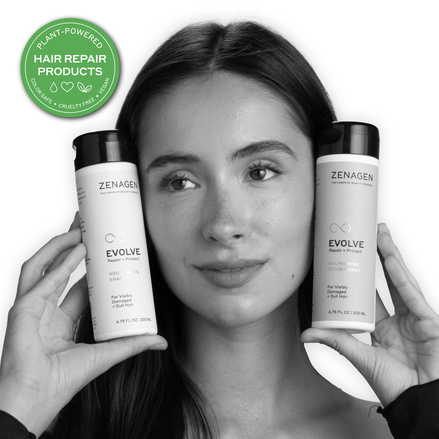 Woman holding Zenagen Evolve hair repair products with a green label in the corner.