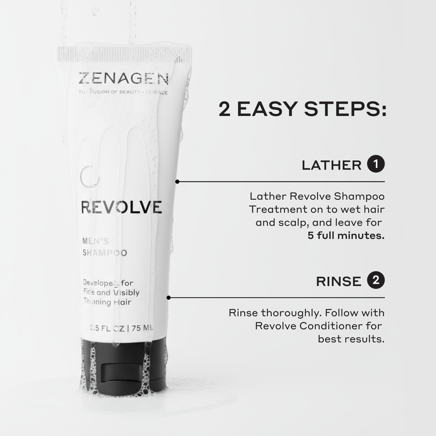 Zenagen Revolve Men's Shampoo tube with usage instructions on a white background