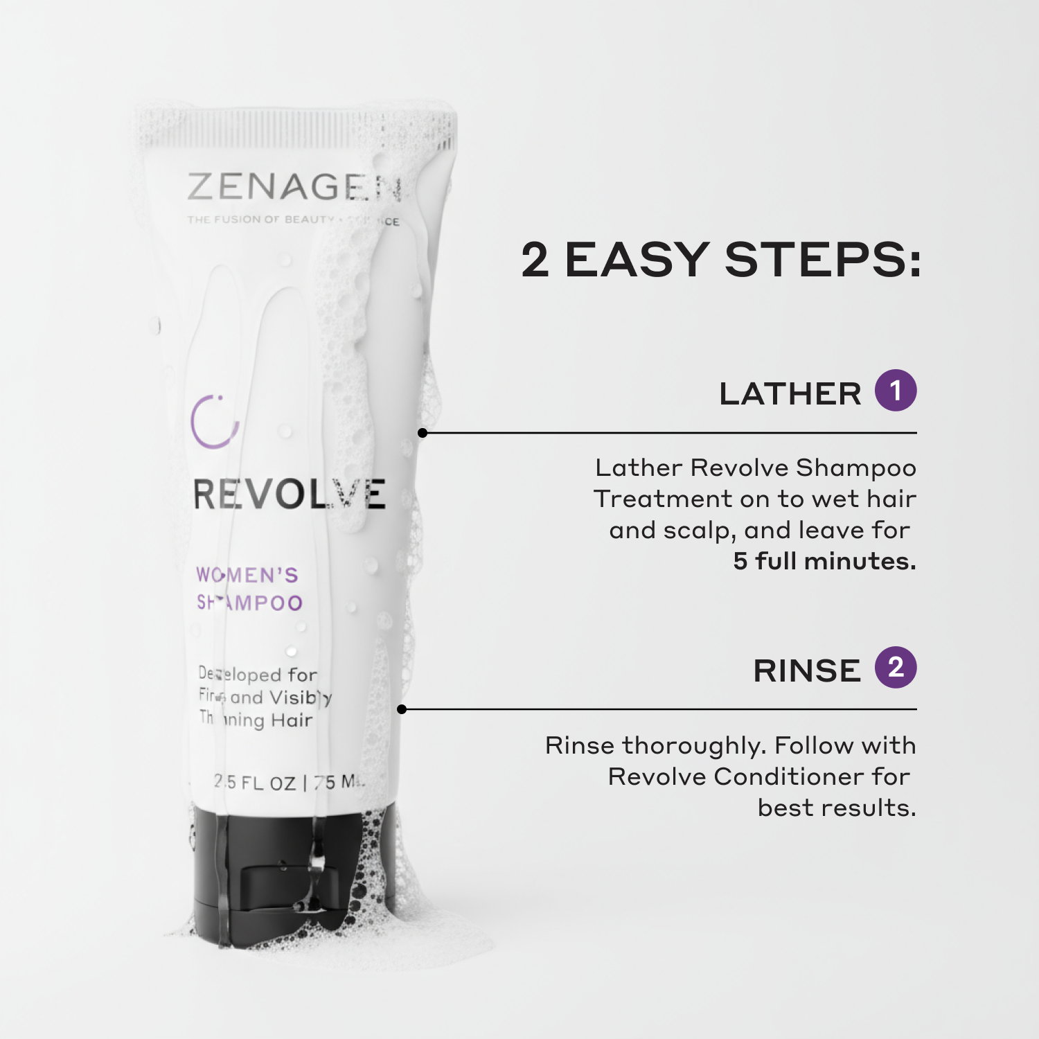 Zenage Revolve shampoo treatment with usage instructions on a white background