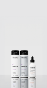 Zenagen Revolve women's hair care trio featuring shampoo, conditioner, and densifying serum for thicker, fuller-looking hair.