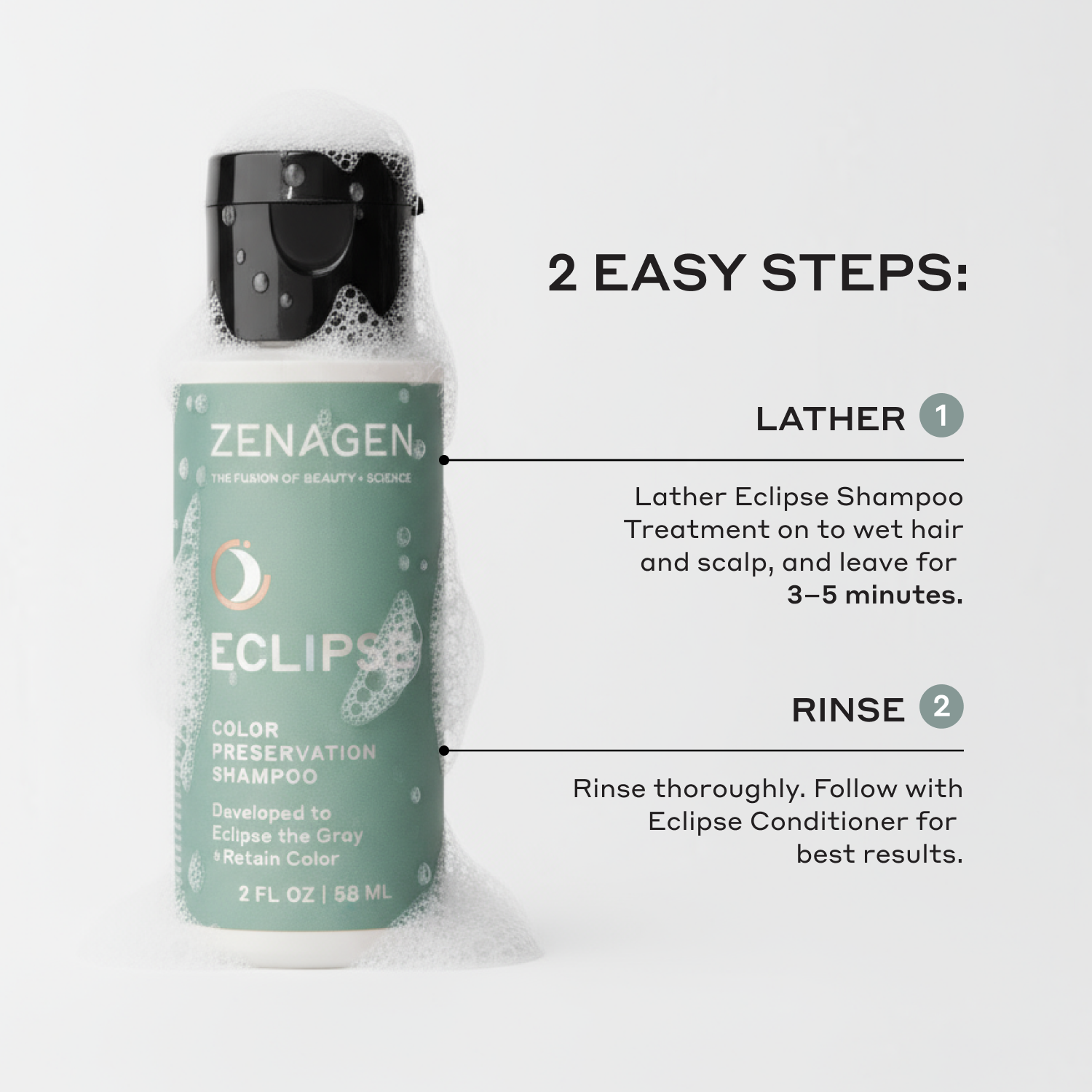 Zenagen Eclipse Shampoo bottle with usage instructions on a white background