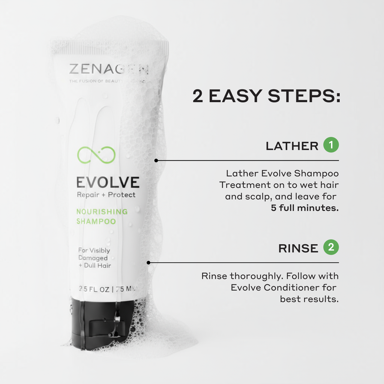 Zenagen Evolve shampoo bottle with usage instructions on a white background