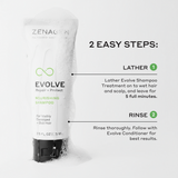 Zenagen Evolve shampoo bottle with usage instructions on a white background