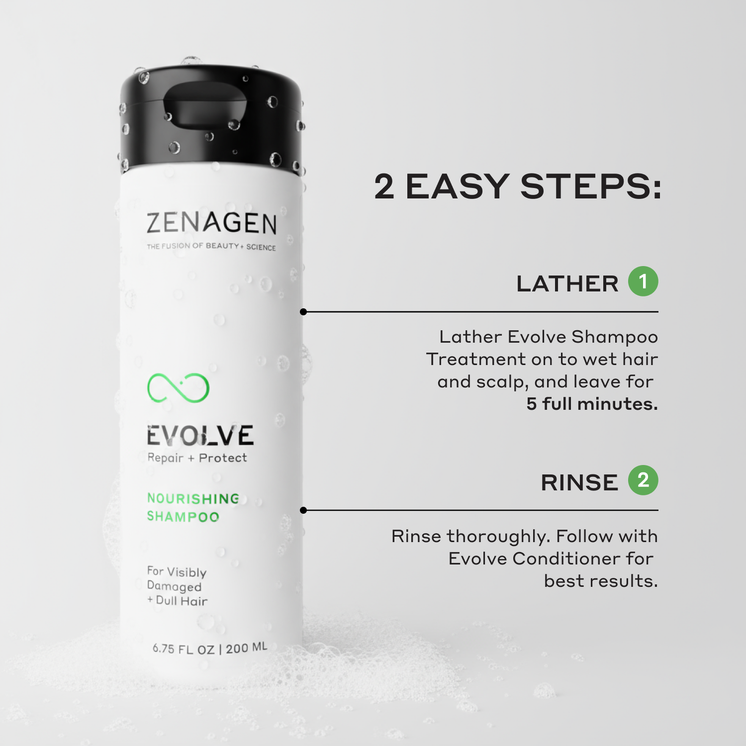 Zenagen Evolve Nourishing Shampoo bottle with usage instructions on a white background