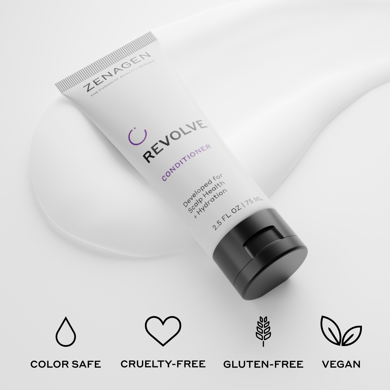 Zenagen Revolve Conditioner tube on a white background with icons indicating safety and ethical attributes.