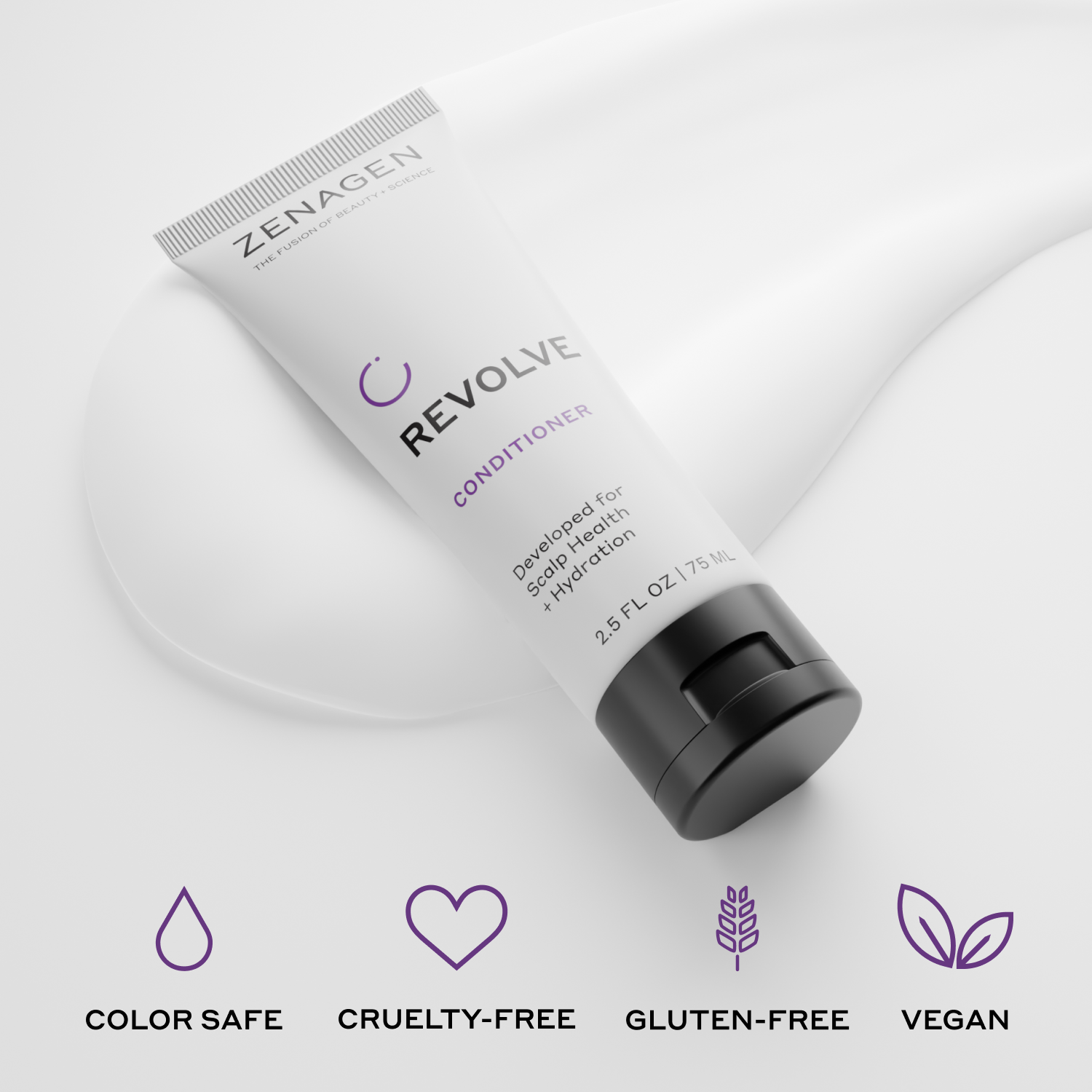 Zenagen Revolve Conditioner tube on a light gray background with icons and text indicating safety and ethical attributes.