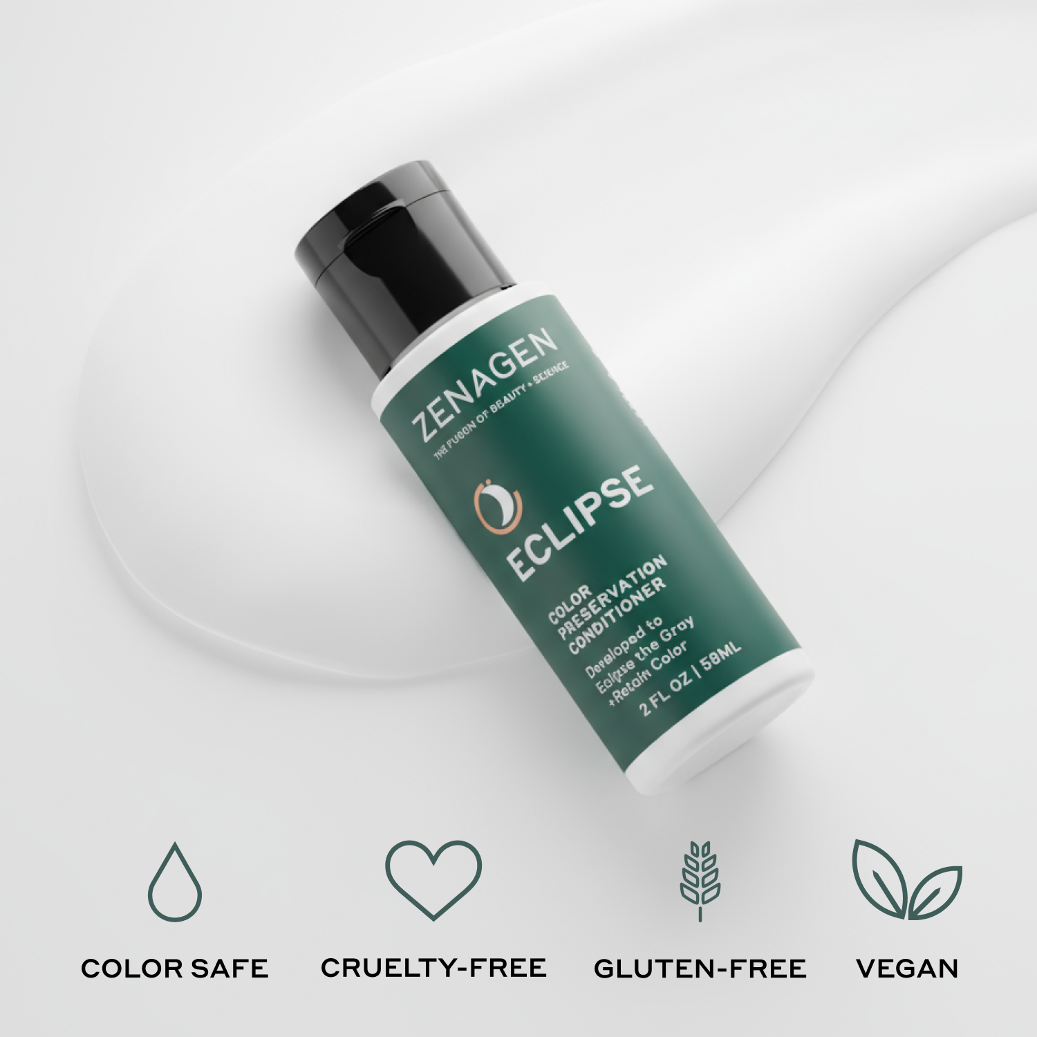 Zenagen Eclipse product bottle on a white background with icons indicating safety and ethical attributes.