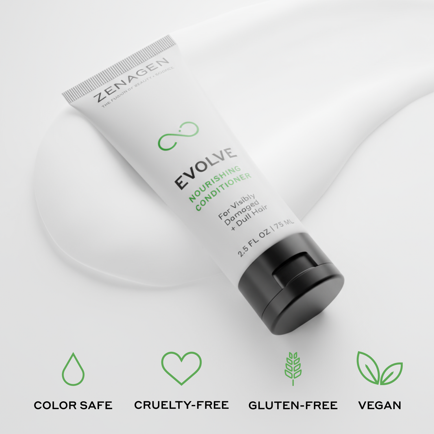 Zenagen Evolve nourishing conditioner tube on a white background with certification icons below.
