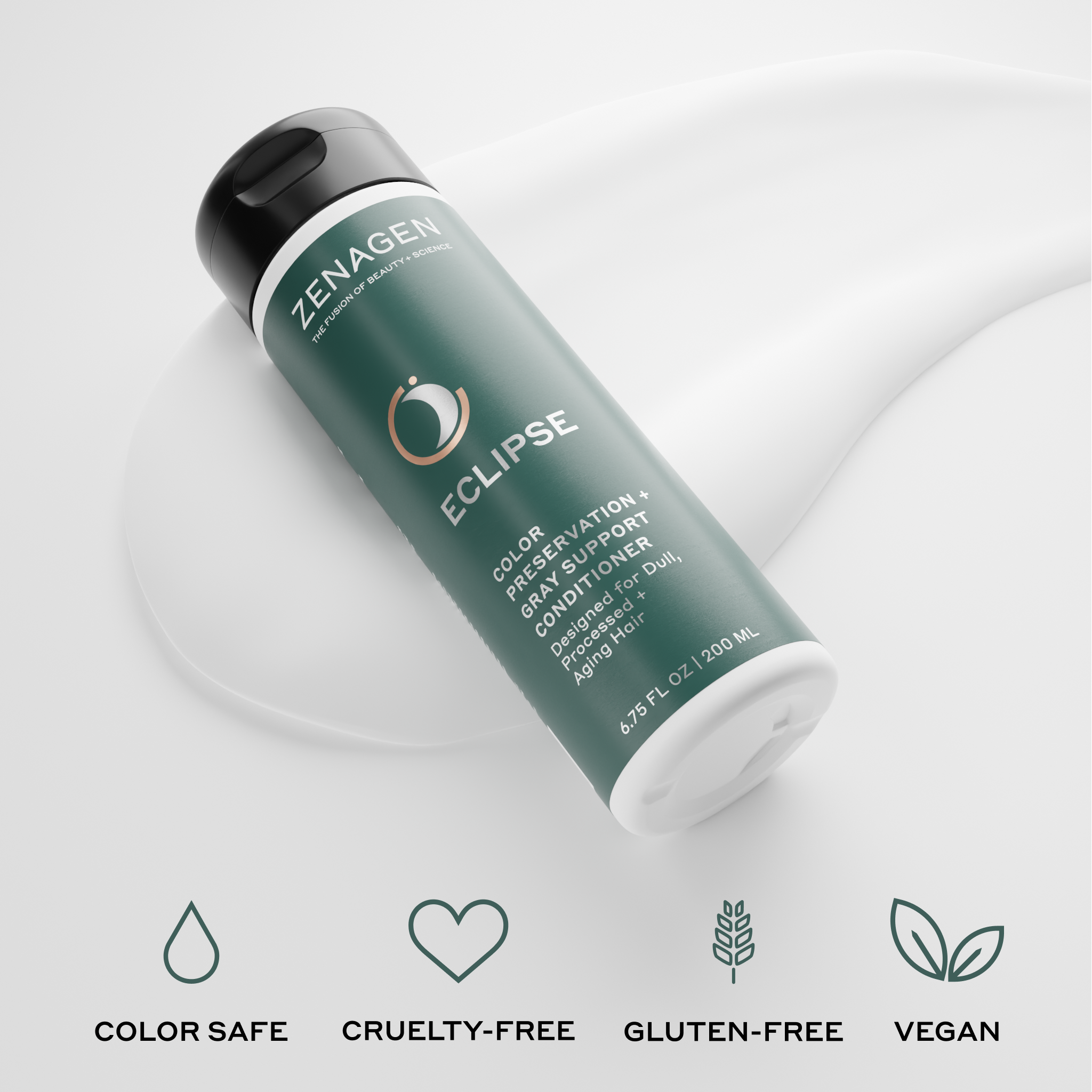 Zenagen Eclipse Conditioner bottle highlighting color-safe, cruelty-free, gluten-free, and vegan attributes for professional hair care and color-treated hair maintenance.