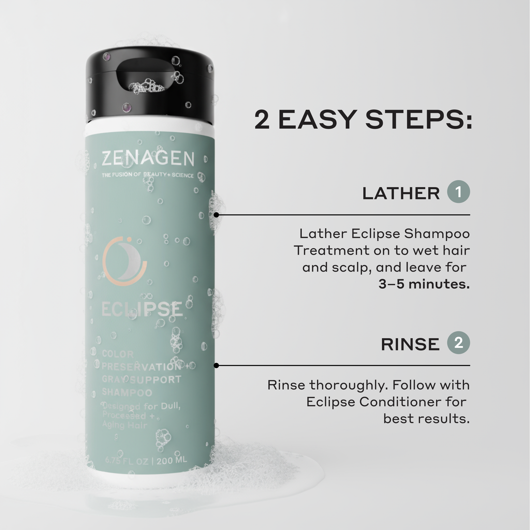 Zenagen Eclipse Shampoo treatment instructions showing lather and rinse steps, designed to support color longevity and enhance softness for dull or aging hair.