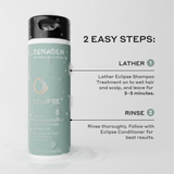 Zenagen Eclipse Shampoo treatment instructions showing lather and rinse steps, designed to support color longevity and enhance softness for dull or aging hair.