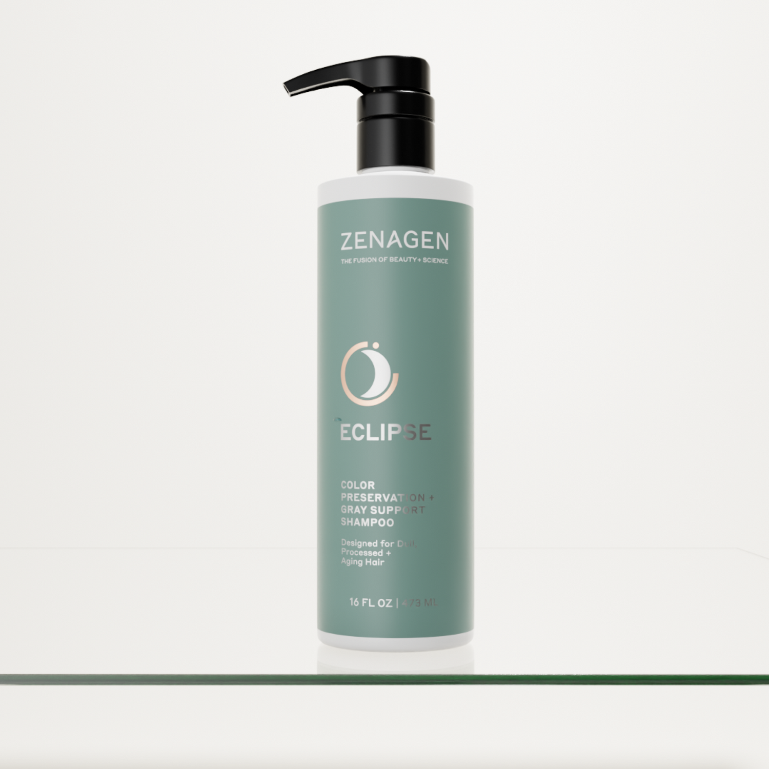 Zenagen Eclipse Color Preservation + Gray Support Shampoo 16 oz pump bottle, professional salon hair care formula designed for dull, processed, and aging hair