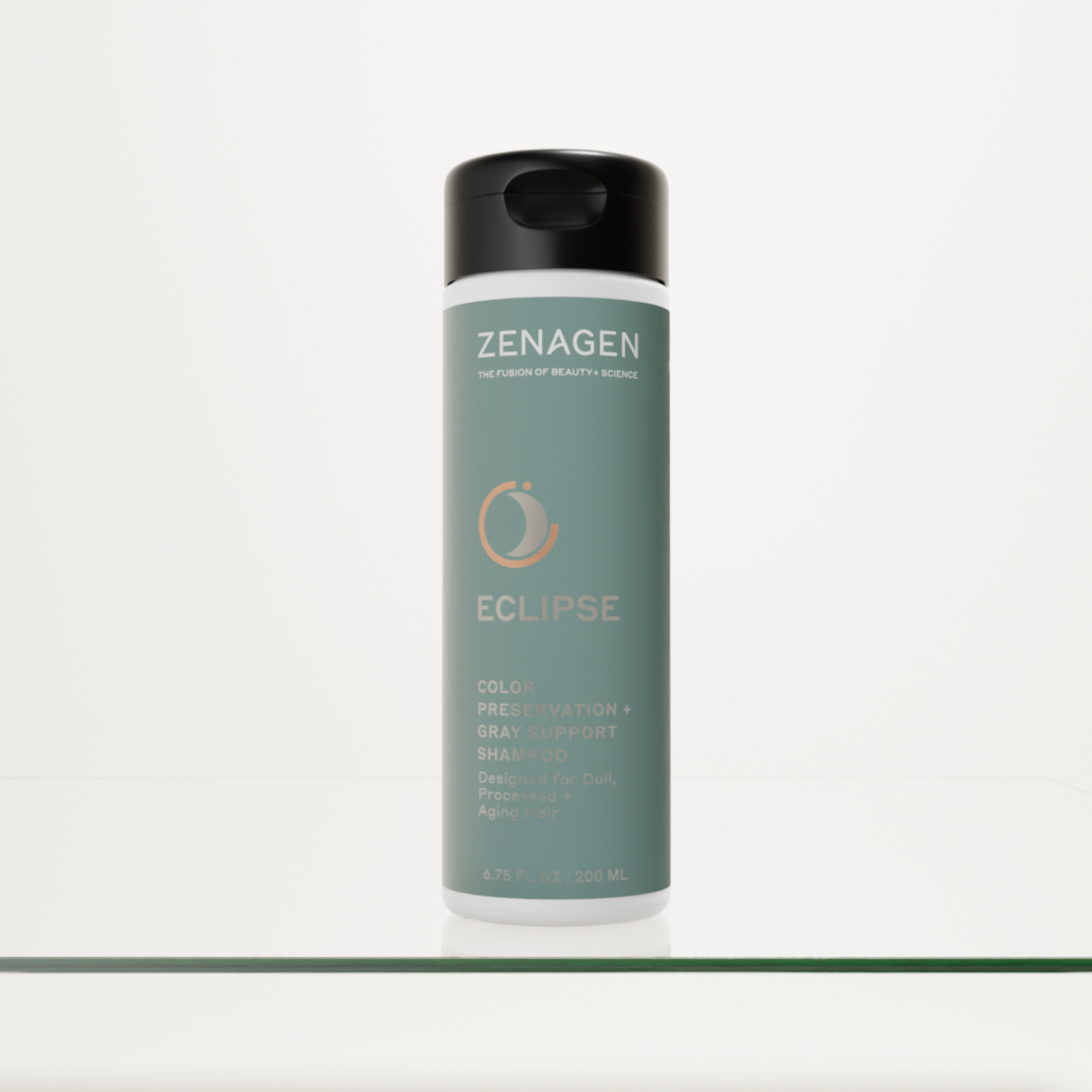 Zenagen Eclipse Color Preservation + Gray Support Shampoo 6.75 oz bottle, compact professional shampoo formulated to help maintain vibrant hair color and softness