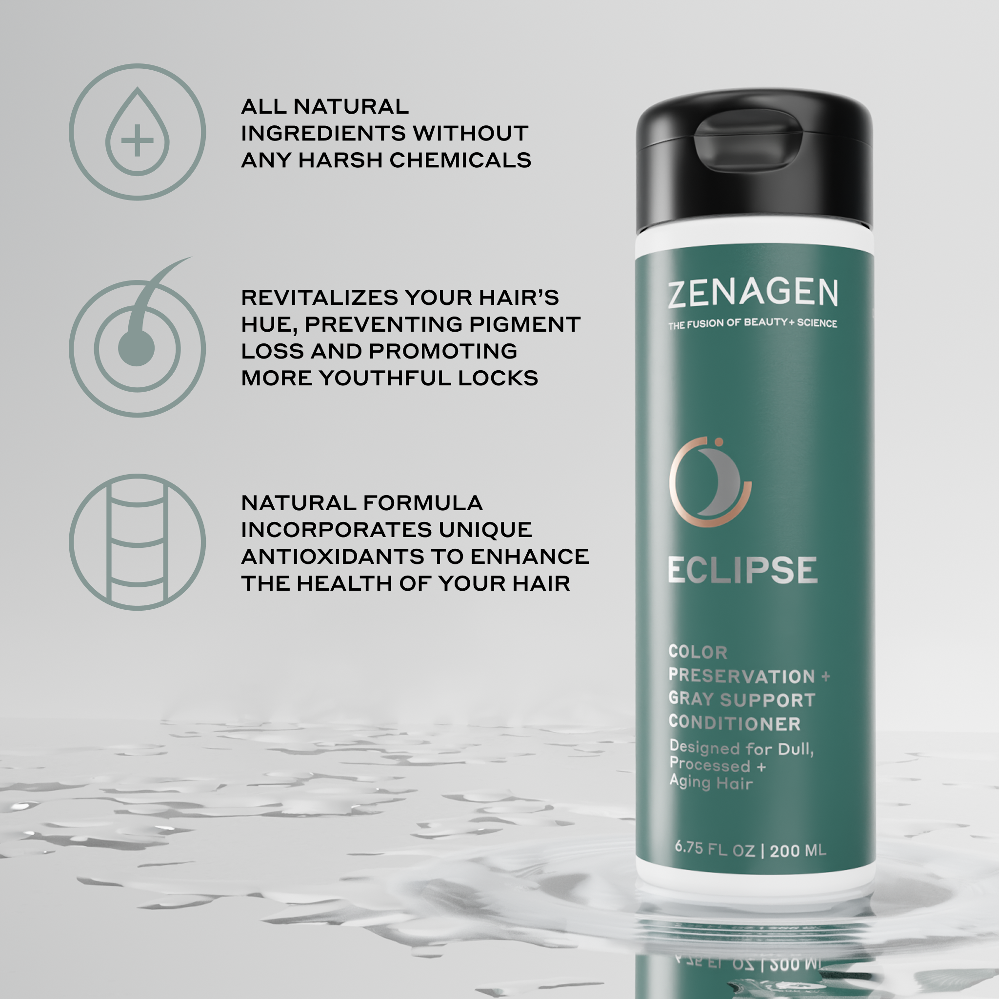 Zenagen Eclipse Color Preservation + Gray Support Conditioner featuring plant-based ingredients, antioxidant support, and a gentle formula designed to enhance softness and shine for dull, processed hair.