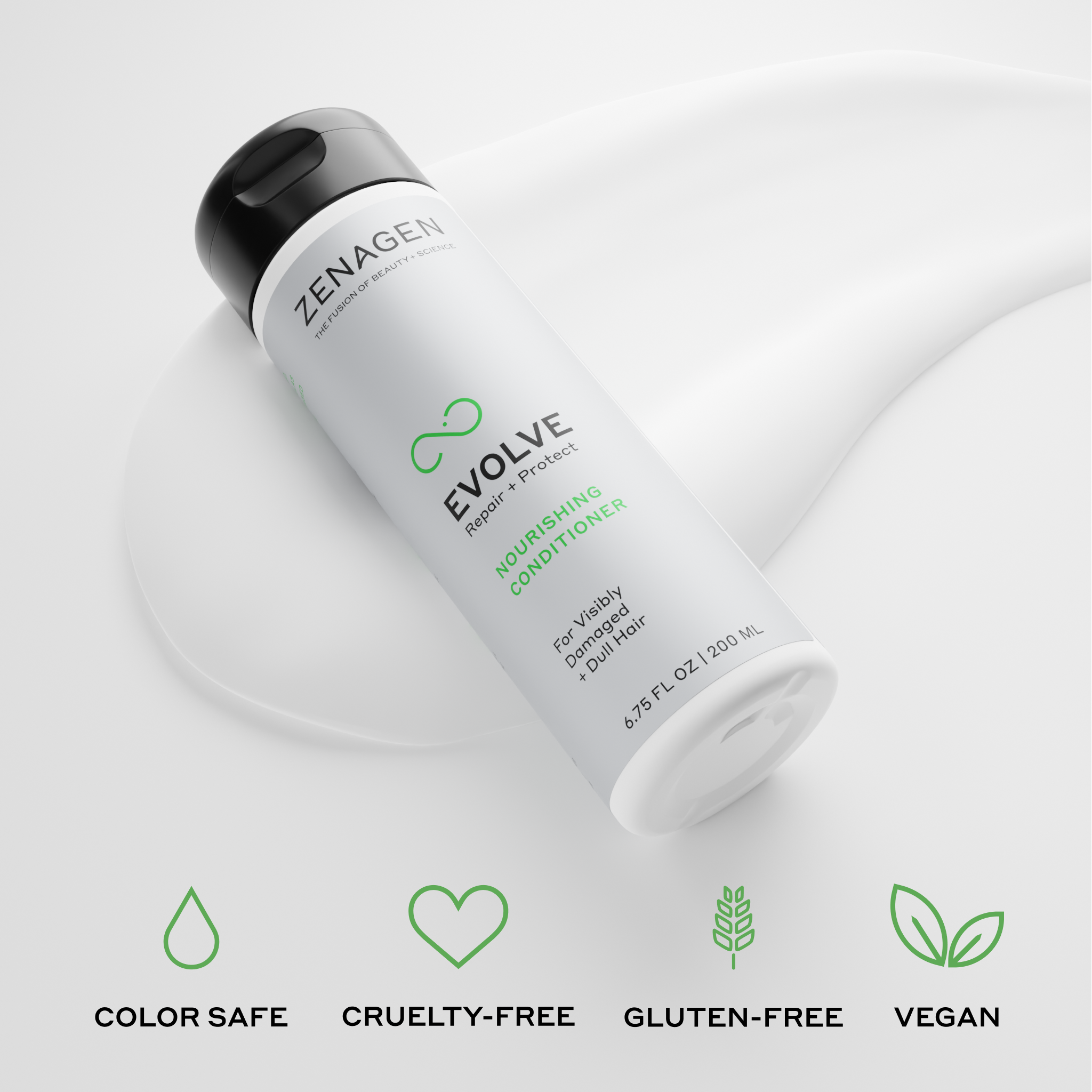 Zenagen Evolve Nourishing Conditioner bottle on a light gray background with brand icons below.