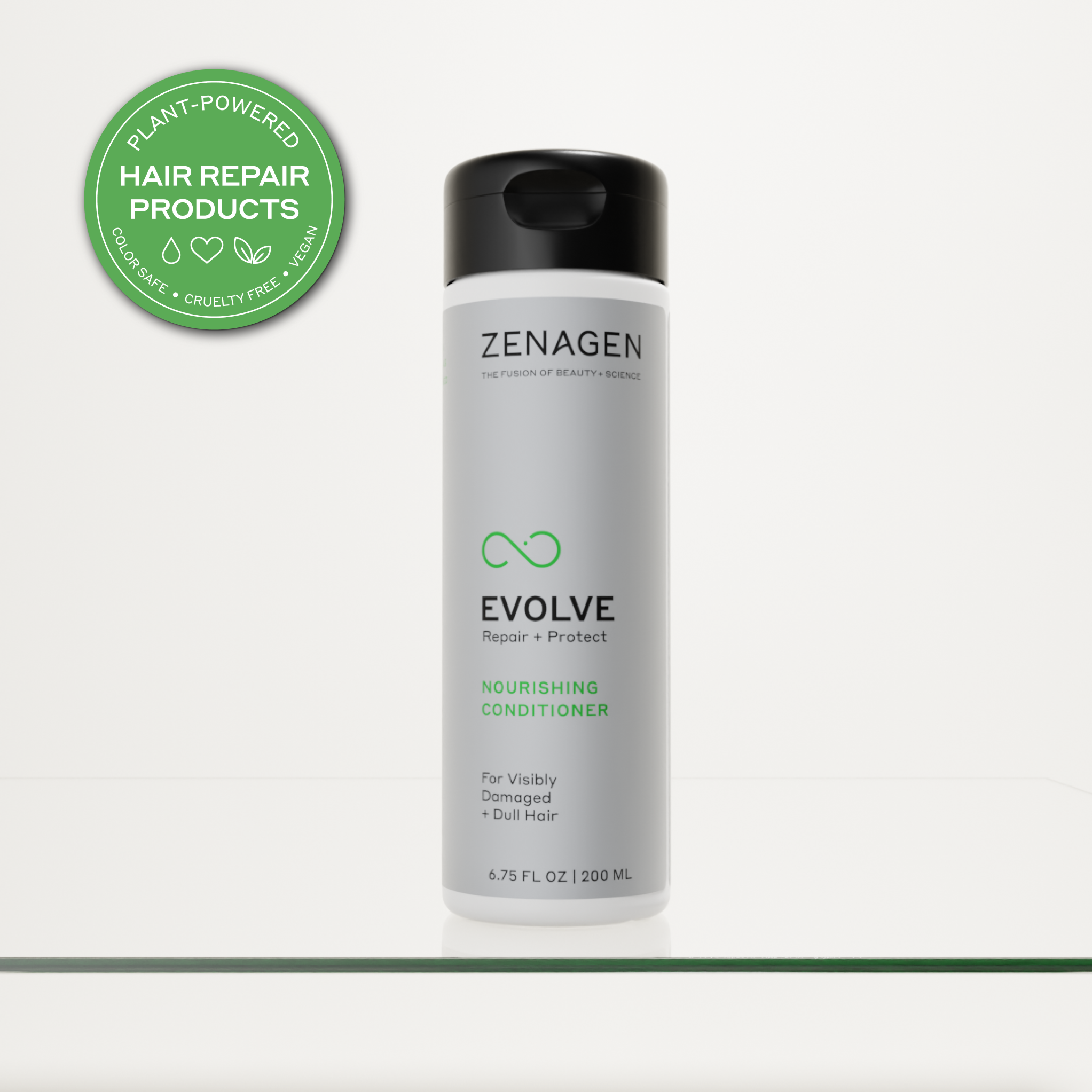 Evolve nourishing conditioner bottle on white background with green badge