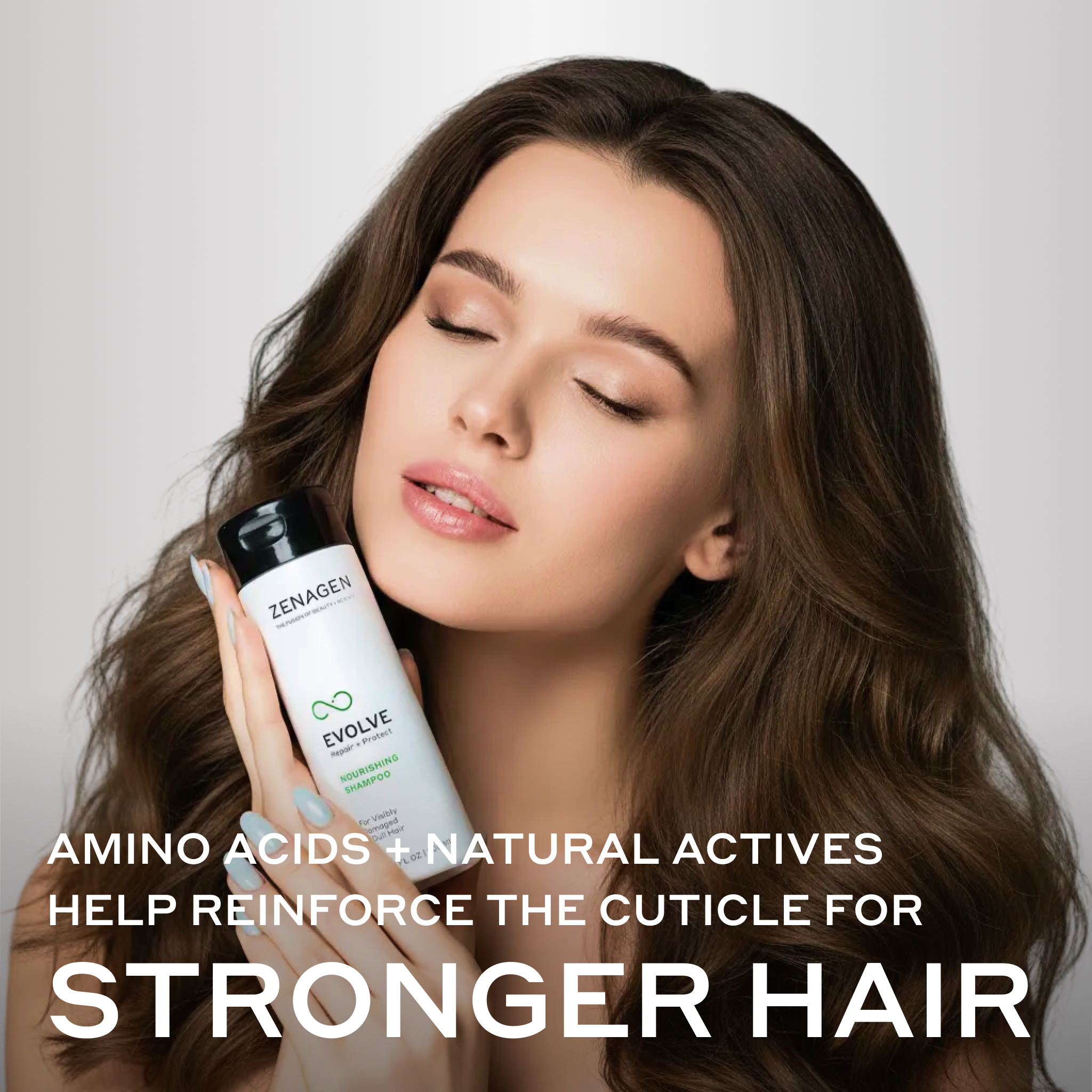 model with evolve shampoo bottle and text about active ingredients for stronger hair