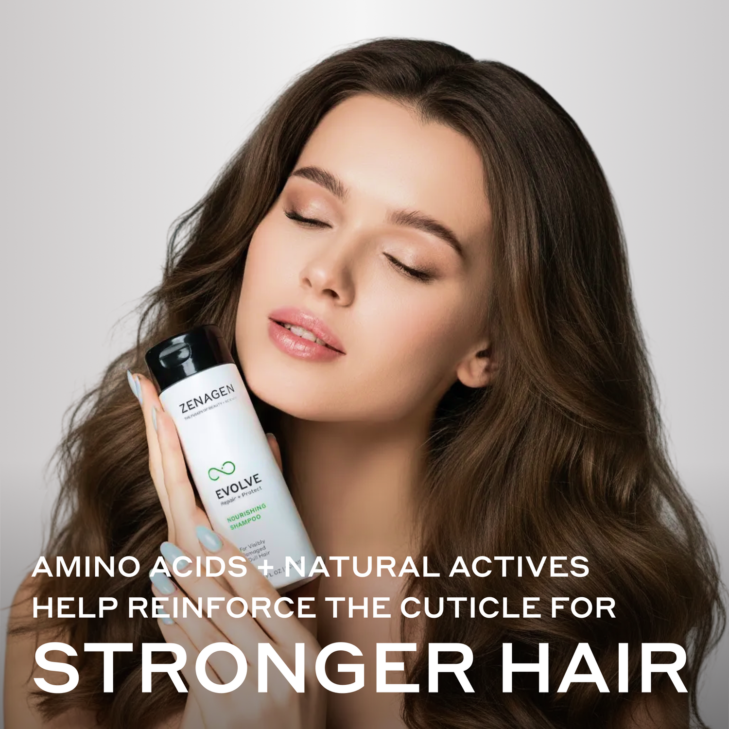 model with evolve shampoo bottle and text about active ingredients for stronger hair