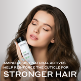 model with evolve shampoo bottle and text about active ingredients for stronger hair