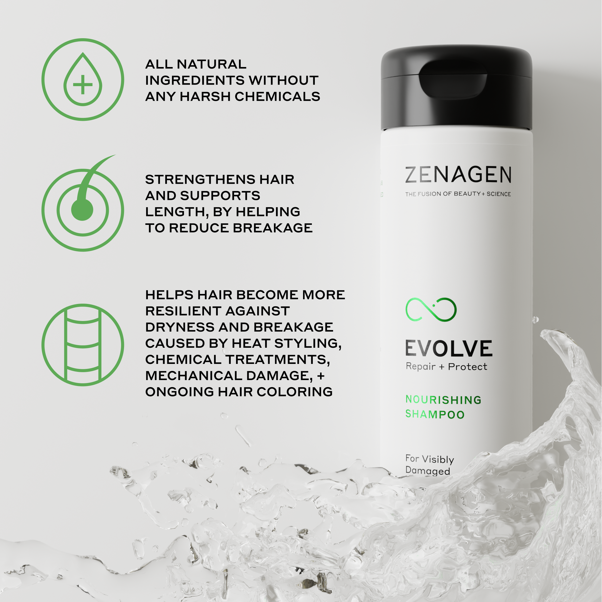 Zenagen Evolve Nourishing Shampoo bottle with product benefits text on a light gray background