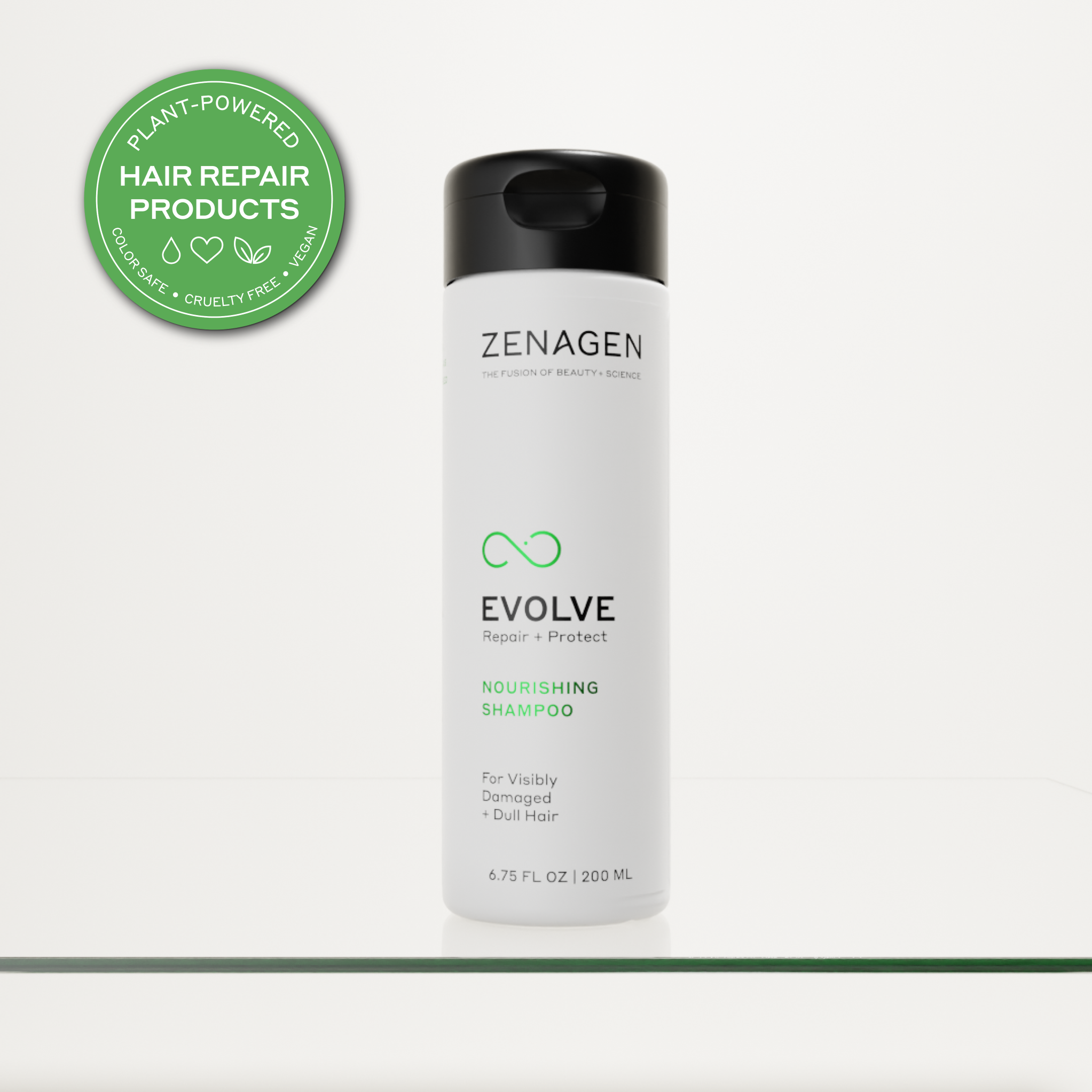 Zenagen Evolve shampoo bottle with a green label on a white background