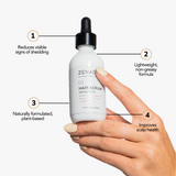 Hand holding a bottle of ZENAGEN hair serum with text highlighting its benefits for thinning and shedding hair