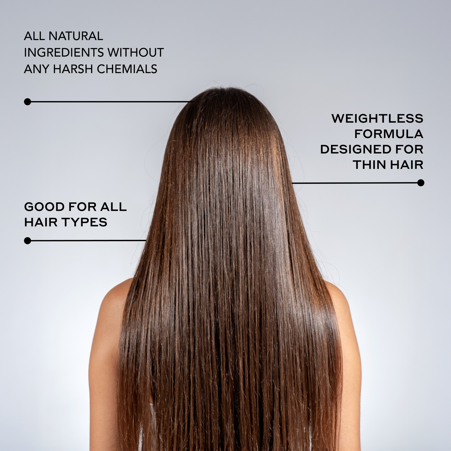 Long, straight hair with text highlighting product features for thinning hair on a gray background