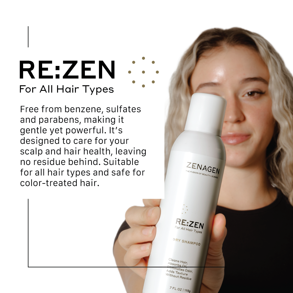 Model holding Zenagen RE:ZEN dry shampoo showcasing lightweight, no-residue formula suitable for all hair types and color-treated hair