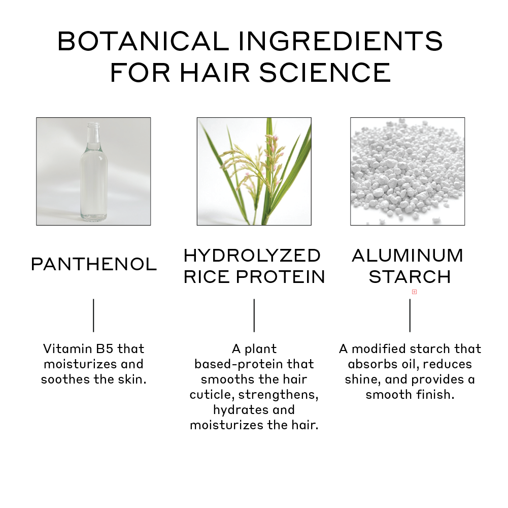 Zenagen RE:ZEN dry shampoo key ingredients including panthenol for moisture, hydrolyzed rice protein for smoothing, and aluminum starch for absorbing oil and reducing shine