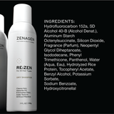 Zenagen RE:ZEN dry shampoo ingredient list featuring aluminum starch, panthenol, hydrolyzed rice protein, and lightweight cleansing agents for oil absorption and hair refresh