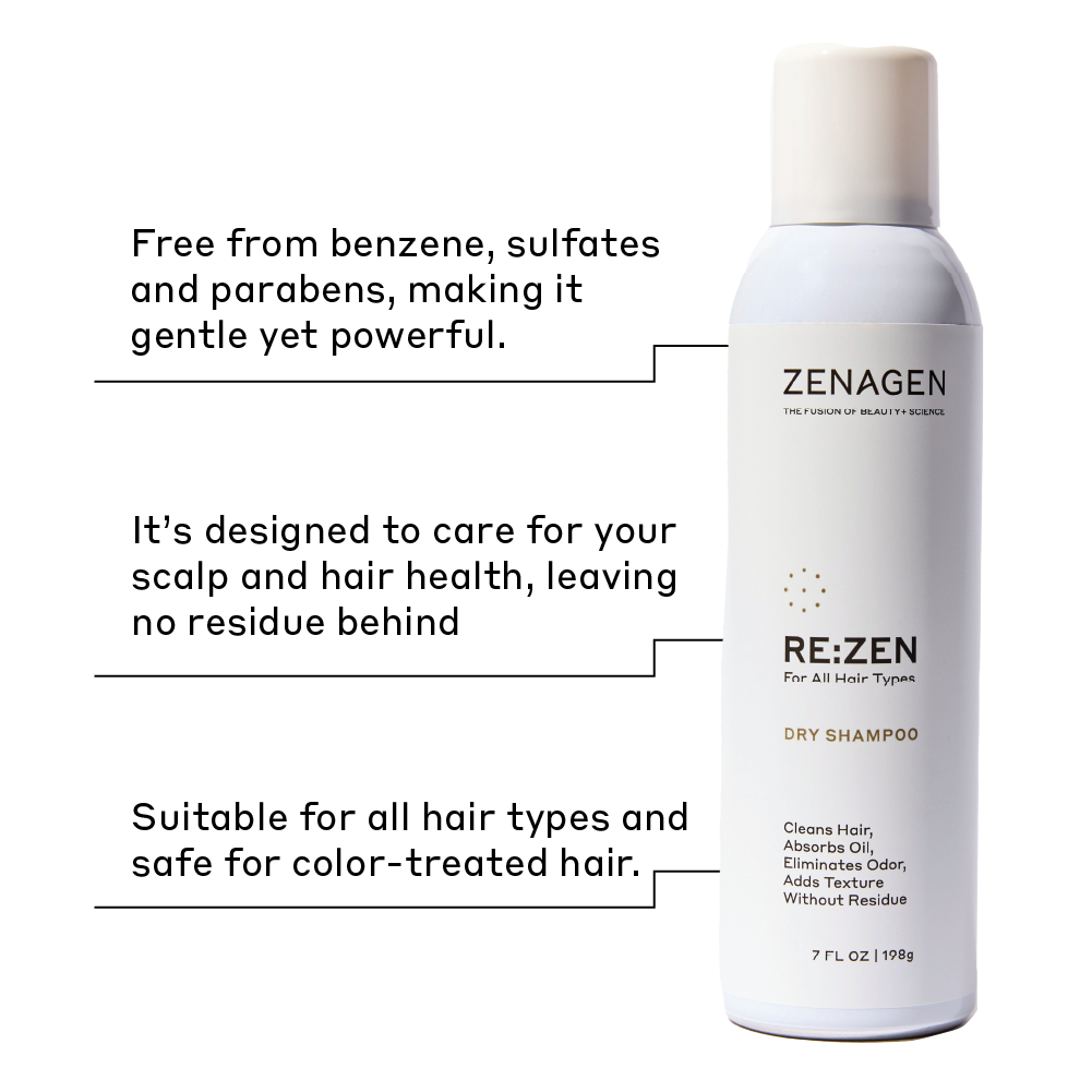 Zenagen RE:ZEN dry shampoo bottle highlighting clean formula benefits including benzene-free, sulfate-free, and paraben-free, designed for all hair types with a no-residue finish