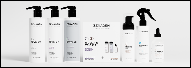 Zenagen Revolve shampoo and densifying hair serum products for fine, thinning hair, designed to enhance the appearance of hair density and fullness.