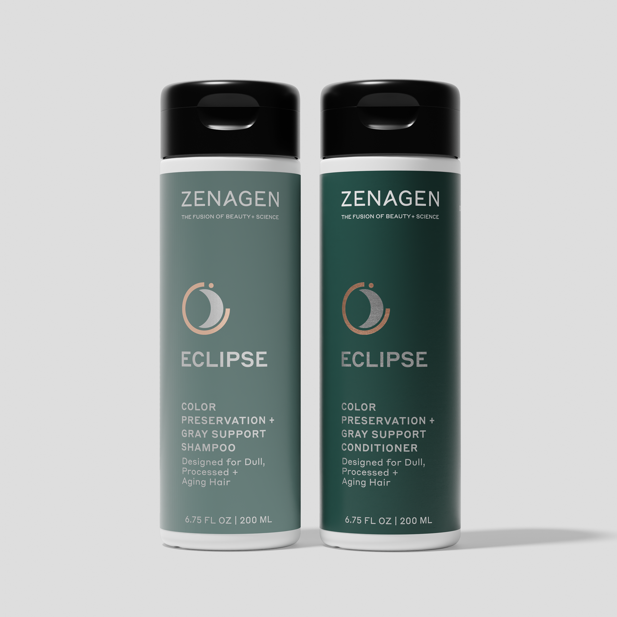 Zenagen Eclipse Color Preservation and Gray Support Shampoo and Conditioner duo for color-treated hair, color-safe hair care system that helps maintain vibrant-looking color, shine, softness, and healthy-looking hair.