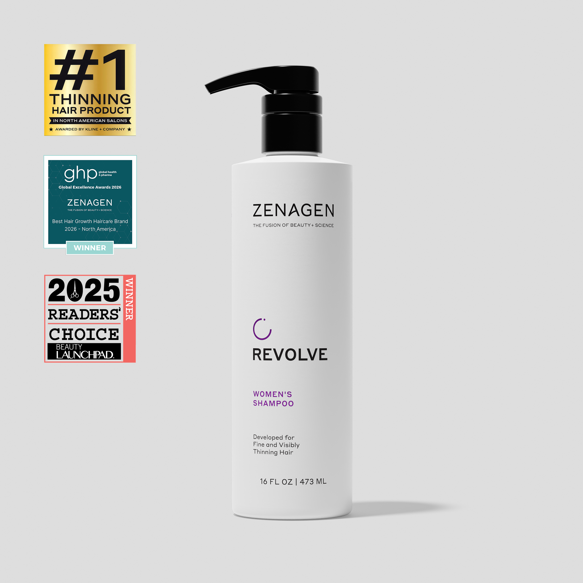 Zenagen Revolve Women’s Shampoo 16 oz professional pump bottle for fine and visibly thinning hair, salon-quality formula that supports scalp health and visibly fuller, denser-looking hair.