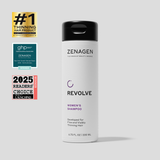 Zenagen Revolve Women’s Shampoo 6.75 oz bottle for fine and visibly thinning hair, award-winning salon shampoo formulated to cleanse the scalp and help hair appear thicker, fuller, and healthier.