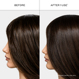 Zenagen RE:ZEN Dry Shampoo before and after comparison image showing a side profile of a woman's dark brown hair, demonstrating a transition from oily, piecey strands at the roots to a refreshed, clean look with restored volume and a smooth finish after a single use.