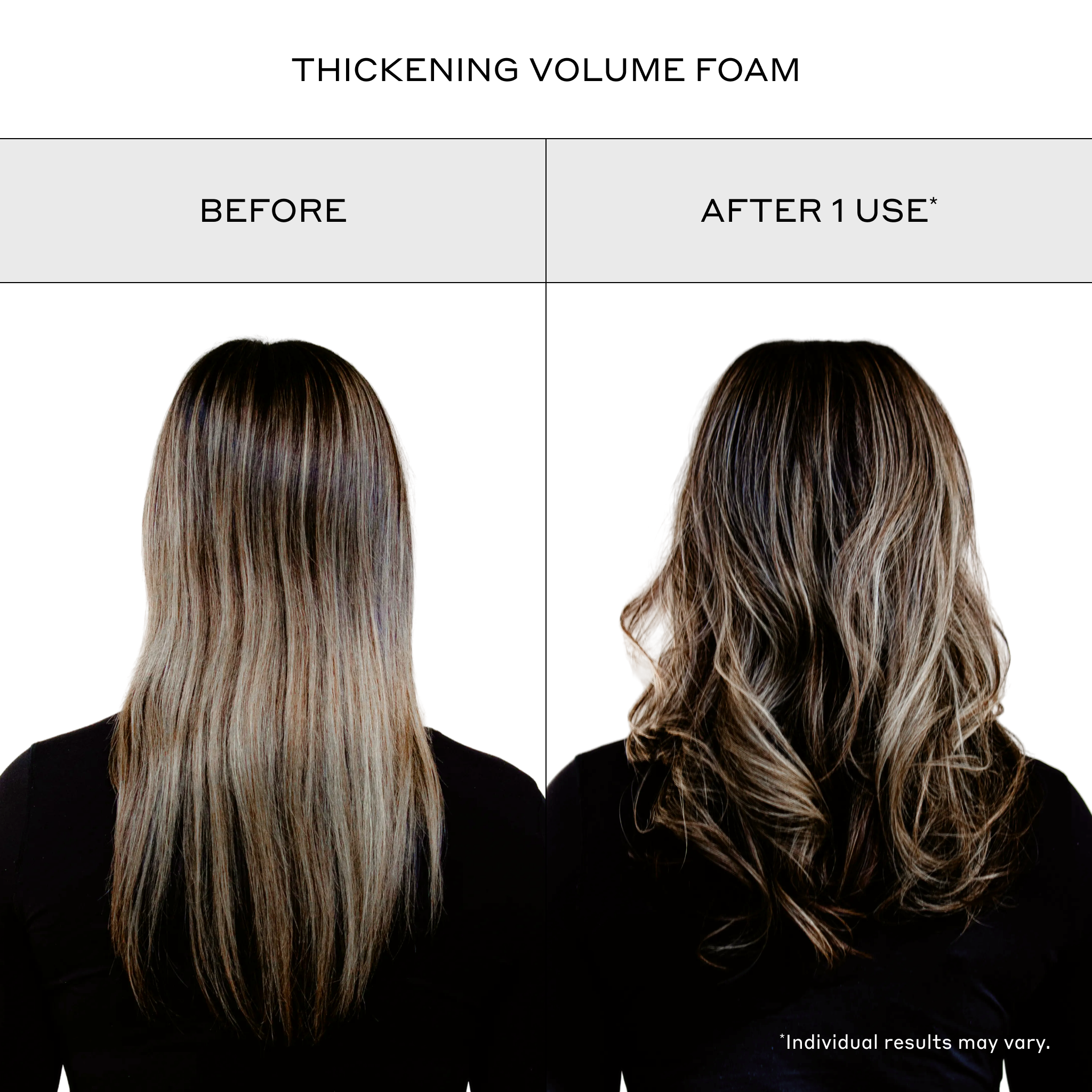 Zenagen Thickening Volume Foam before and after comparison image showing a woman's hair from behind, demonstrating a transition from flat, straight hair to noticeably fuller, voluminous, and wavy hair after a single use.