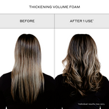 Zenagen Thickening Volume Foam before and after comparison image showing a woman's hair from behind, demonstrating a transition from flat, straight hair to noticeably fuller, voluminous, and wavy hair after a single use.