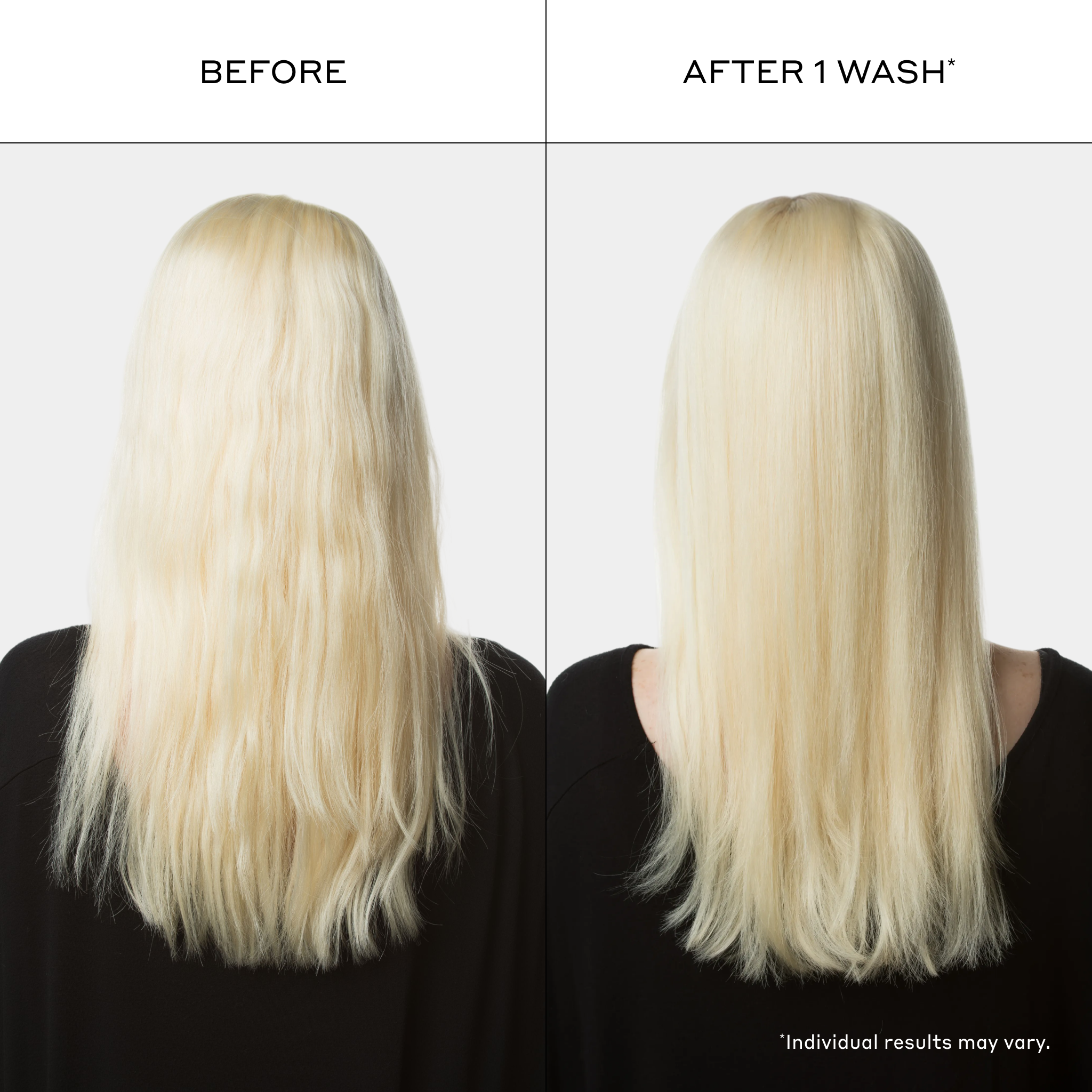 One-wash hair smoothing results showing improved softness, shine, manageability, and reduced appearance of frizz with Zenagen Evolve shampoo and conditioner. Individual results may vary.
