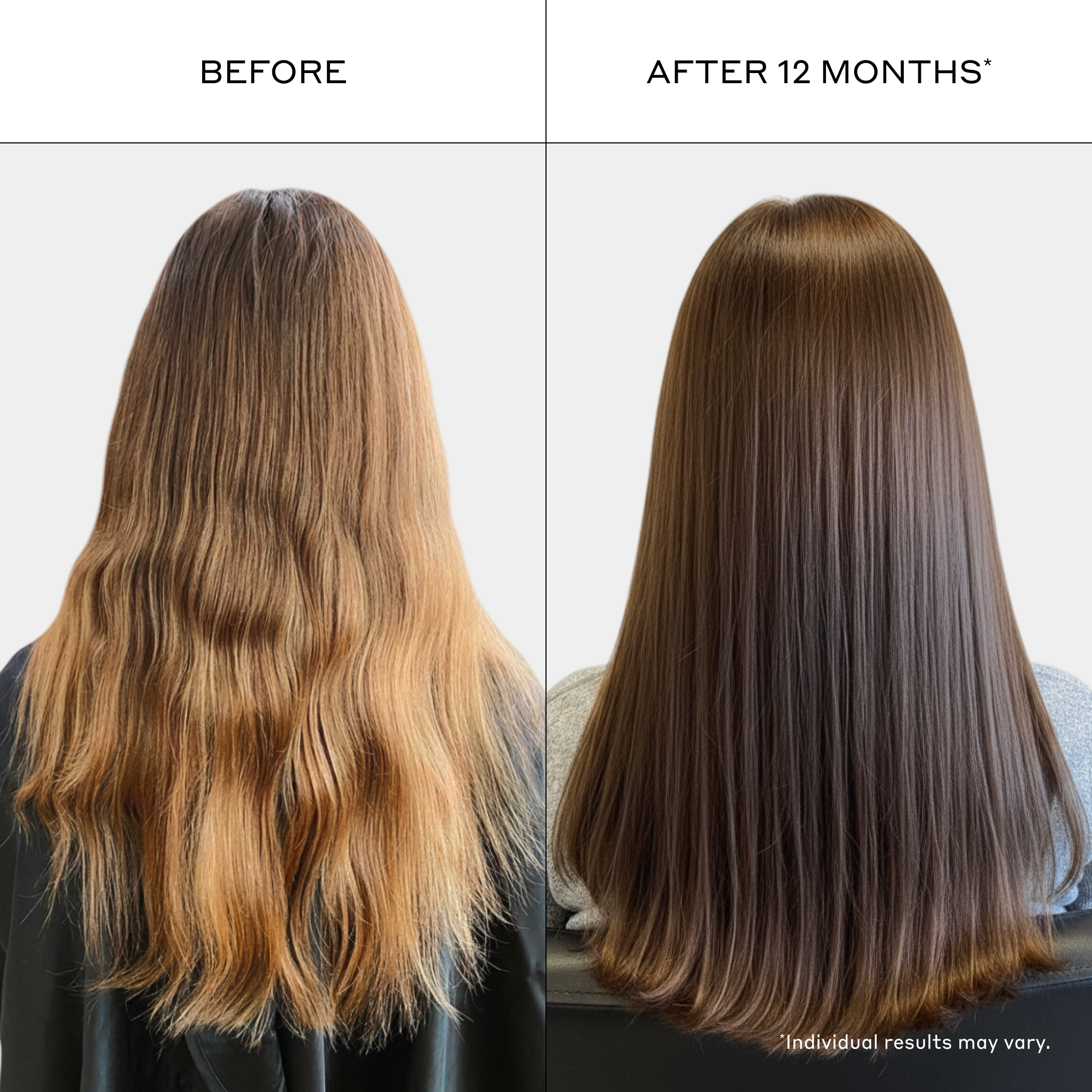 Zenagen Evolve Shampoo and Conditioner before and after comparison image showing a woman's long hair from behind, demonstrating a transformation from dry, frizzy, light brown hair with uneven texture to noticeably smoother, healthier, and richer dark brown hair after 12 months.