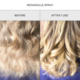 Zenagen Repairacle Spray before and after comparison image showing a close-up of blonde wavy hair, demonstrating a transformation from dry, frizzy, and unmanageable strands to visibly hydrated, smooth, defined, and shiny curls after 1 use.