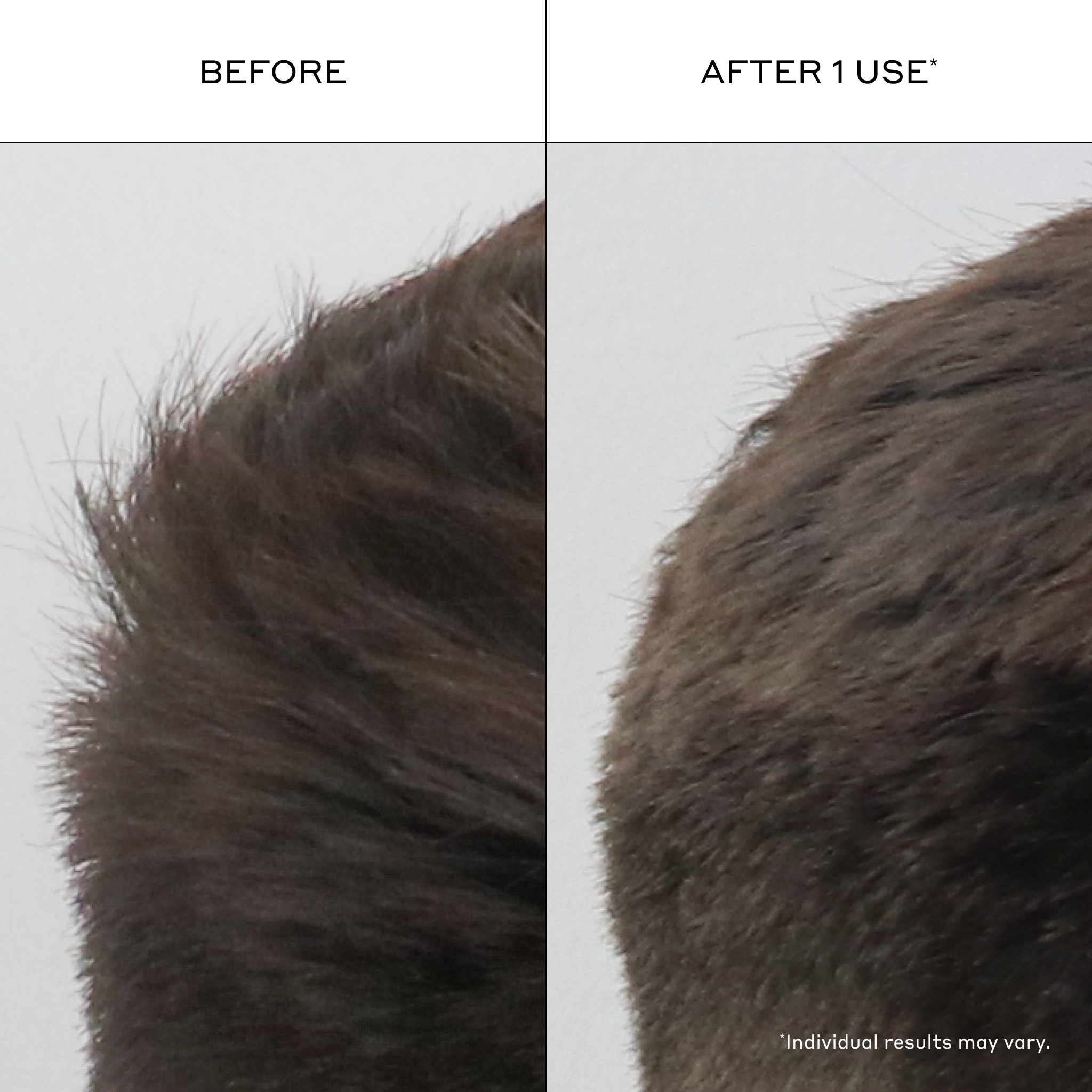 Zenagen Texturizing Powder before and after comparison image showing a side-profile view of a person's hair, demonstrating a transformation from flat, fine hair with loose strands to a visibly texturized, more compact, and volumized appearance after 1 use.