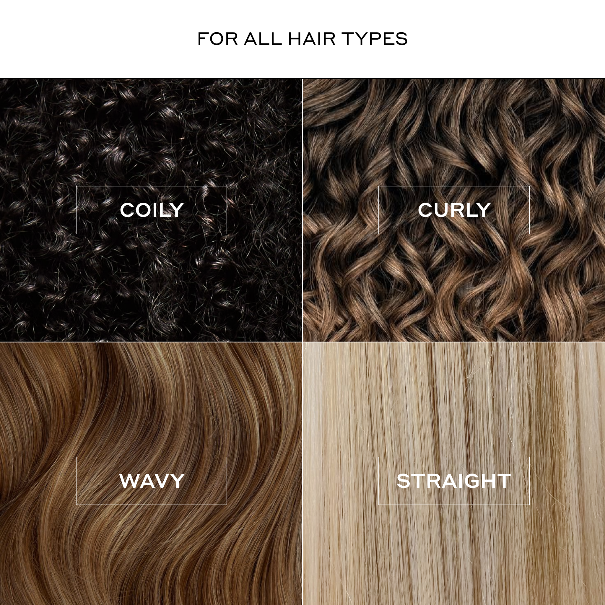 Zenagen Derma Stamp infographic displaying four hair texture close-ups to illustrate compatibility across coily, curly, wavy, and straight hair types.